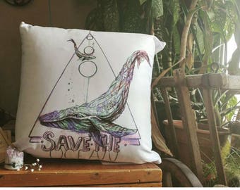 Save the ocean pillow, watercolour whale design, bedding pillow throw, beach theme bedroom, save whales