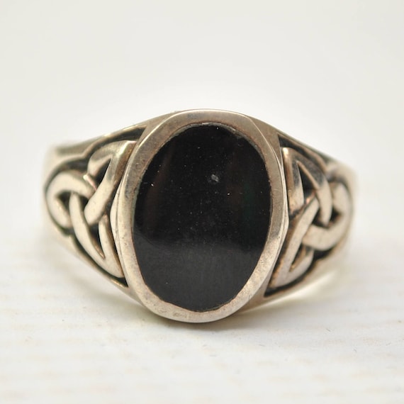 Onyx Oval Stone in Celtic Symbol Sterling Silver Ring Sz 11 #6690