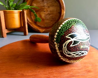 Vintage Australian Handpainted Decorative Maraca with Aged Wood Handle - Vintage Musical Instruments / Decor