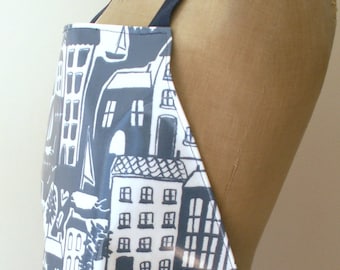 Blue & White Quayside Houses PVC / Oilcloth Apron - Full Length Adult Apron - Wipe Clean Waterproof Apron - Coastal, waterside