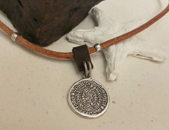 Men Coin Necklace, Old Coin Pendant, Phaistos Disc, Greek Coin Necklace, Coin Jewelry, Man Leather Necklace, Men Pendant