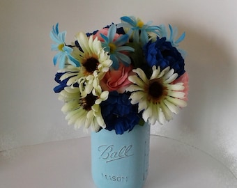 Blue Painted Quart Mason Jar with Blue, White, and Pink Flowers, Hand Painted with Chalk Paint, Flower Vase, Flower Arrangement
