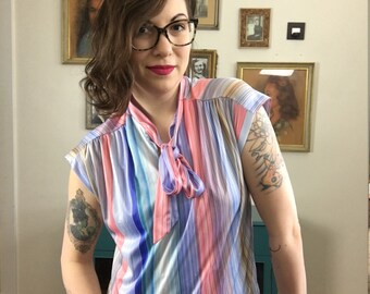 Vintage Pastel Striped Bow Blouse