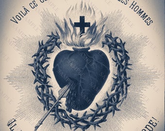 Antique Blue Sacred Heart Art Print, Altered Art Sacred Heart Of Jesus Christ, Religious Art, Gothic Heart Art Print