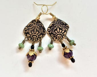 Etched Brass Earrings, Art Deco Earrings Amethyst Beads - Free Domestic Shipping