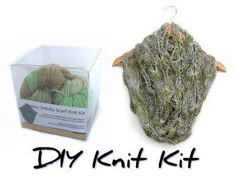DIY knit kit, flowery infinity scarf knitting kit, easy lacy scarf pattern, choose your luxury Perran Yarn colour, knitters gift, uk seller