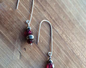 Garnet and Pyrite Drop Earrings, January Birthstone, Garnet Dangle Earrings