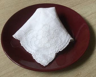 6 White Linen Napkins Mosaic Punchwork Embroidery Vintage Table Linens 16” x 15” Square Napkin Set