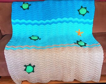 Crochet Sea Turtle Ripple Afghan Blanket, baby blanket, nursery blanket, beach blanket, crib blanket, stroller blanket, turtle blanket