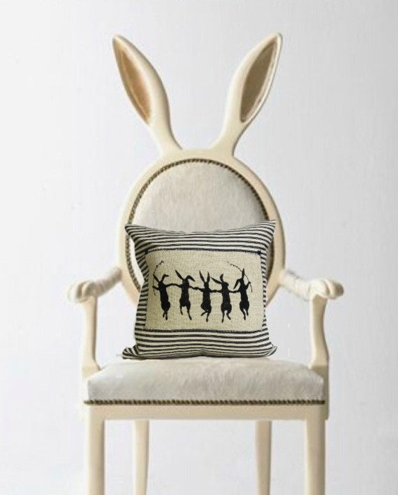 Rabbit Hand Print Pillow Black and Ivory Ticking Stripe
