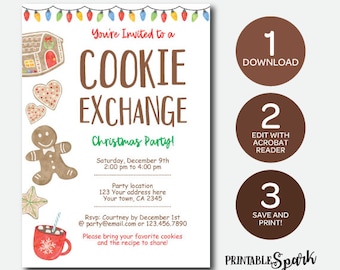 Instant Download Cookie Exchange Invitation, Bakery Birthday Invitation, Christmas Printable Invitation, Edit Yourself!
