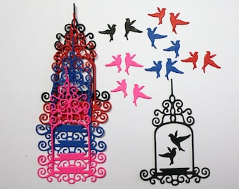 Set Of 8 Birdcages And 16 Cute Birds/Die Cuts/Embellishments/Paper Cuts/Scrapbooking/Card Making/Birdcage/Birds