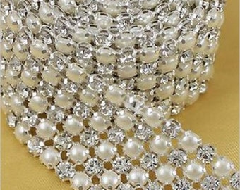 Diamante & pearl ribbon banding for wedding cake decoration 1 yard - White Ivory or black