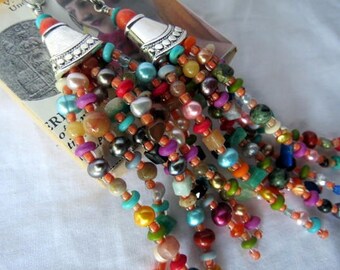Fan Chain Pair for Ceiling Fan or Lamp with Multistone Beaded Fringe and Silver Color Findings