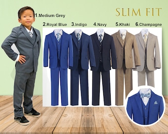 Slim Fit Premium Boys 7-Piece Suit Tuxedo, Gray Navy Indigo Royal Blue Khaki Champagne, Wedding Ring Bearer Homecoming Prom