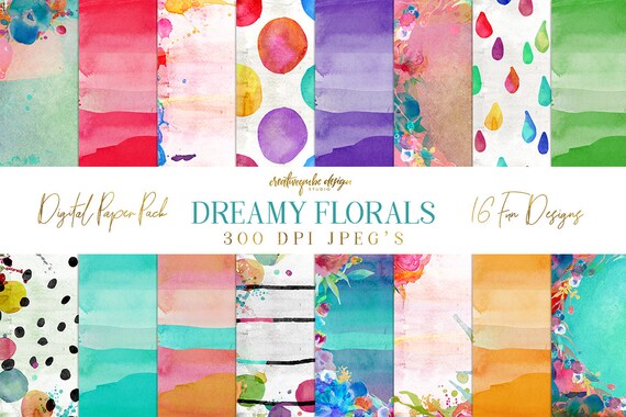 Dreamy Floral Watercolor Digital Paper Pack Patterns - 16 digital painted backgrounds, Planner Printable