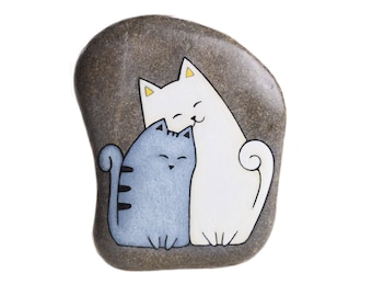 Hand-painted rock to hang with two cats