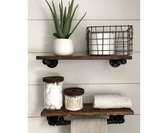 Industrial Rustic Modern Towel Rack, Holder with Wood Shelf, Kitchen Towel Bar, Rustic Wall Decor, Bathroom, Kitchen, Pipe Shelf, Gift