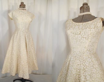 Vintage 1950s Dress | Wedding Dress | 50s Chartreuse and White Lace Prom Formal