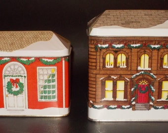 Two Vintage Collectible Tinsmith's Craft House Tins Designed and Decorated for Christmas by Elizabeth D. Greene. RARE!
