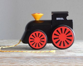 Vintage Wooden Pull Along Engine Toy by Brio Black Wood Train