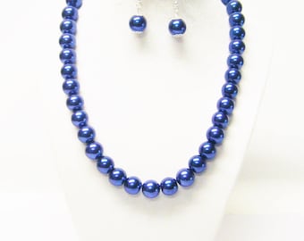 Dark Lapis Glass Pearl Necklace & Earrings Set