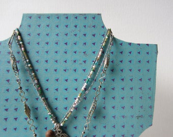 SALE One Necklace Bust Reversible - Turquoise w Purple Triangles - Recycled Book Necklace Jewelry Display - Ready to Ship