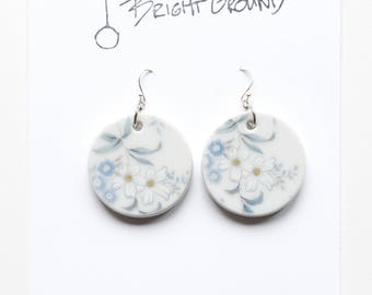Porcelain White Flower Earrings, Hand-cut Ceramic and Silver Wire
