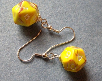 D12 D20 Dice Earrings - Toxic Yellow - Orange Yellow Geek Gamer DnD Role Playing RPG
