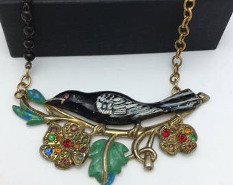 Brooch Necklace Vintage Assemblage Necklace Bird Brooch repurposed necklace black bird necklace shabby chic necklace