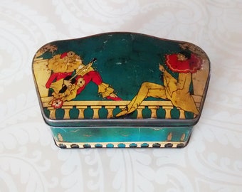 Lyons Toffee Tin, Pierrot Tin, Art Deco Tin, Vintage Tin, Rusty Tin, Sweet Tin, Blue Tin, Lyons Tin, 1930s Tin, Pierrot and Columbine