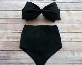 Bow Bandeau Retro Bikini - Vintage Style High Waist Pin-up Holiday Swimwear - Beautiful and Classic Black - Unique & So Cute!