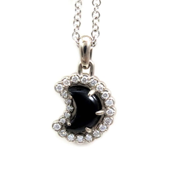 Onyx and Diamond Crescent Moon Pendant - 14k Palladium White Gold - Ready to Ship