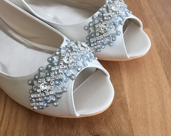 Wedding Shoes - Downton Abbey Lace Peep Toe Flats - Pearls and Crystals - White/Ivory/Custom Colors