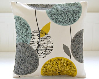 teal grey mustard yellow dandelion cushion cover, flower pillow cover 16 inch