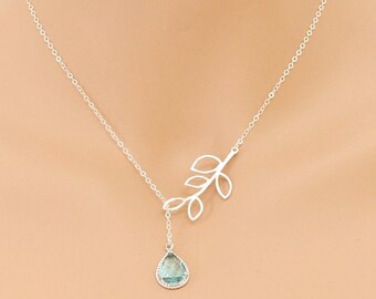 Aquamarine Lariat, Leaf Necklace, Aquamarine Necklace, March Birthstone, Wedding Jewelry, Aquamarine Jewelry, Lariat Necklace, For Her, Gift