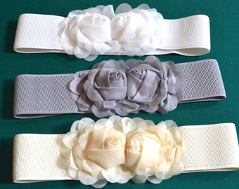 Chiffon Flower cinch belt Wide elastic stretch corset belt, White stretch belt, Ivory stretch belt, Gray stretch belt, one size