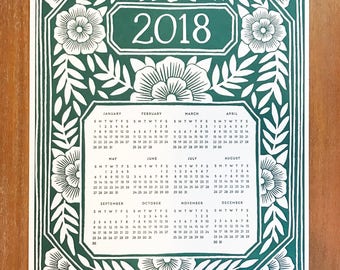 Katharine Watson 2018 Letterpress Calendar - Flat Letterpress Wall Calendar in Green