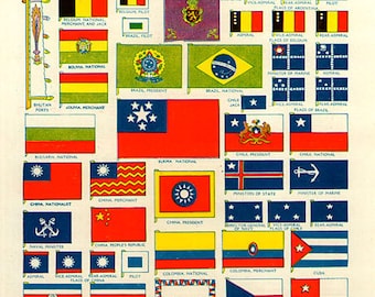WORLD FLAGS PRINT 1950s 6972 illustrations lithograph paper print ephemeral upcycle recycle ephemera old mid century