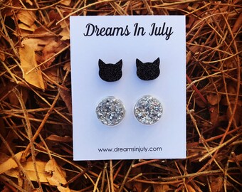 Cat Earrings Black Cat Earrings, Set of 2, Glitter Cat Earrings, Cat Lover