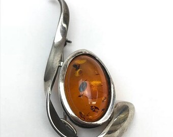 Sterling Silver Oval Amber Brooch Pin