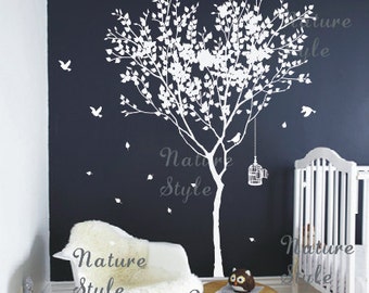 winter Vinyl wall decals tree wall decal birds birdcage wall decals nursery wall sticker kids children wall decals - Tree with Flying Birds