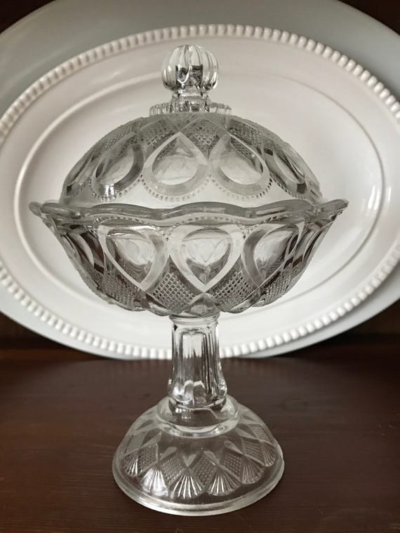 Vintage Cut Glass Crystal Pedestal Candy Dish with Lid