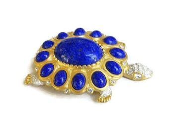 Faux Lapis Glass Cabochons & Clear Rhinestones Turtle Brooch Vintage signed KJL Kenneth J. Lane