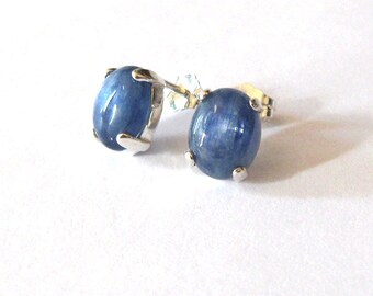 Blue Kyanite Gemstone Sterling Silver Post Earrings, 9x7mm Cabochons, Iridescent Gemstone Studs, Minimalist