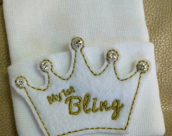 Newborn Hospital Hat My 1st BLING! 1st Keepsake! Super Cute! Gold Letters Tiara on Choice of Hat! With Rhinestones. Great Gift!