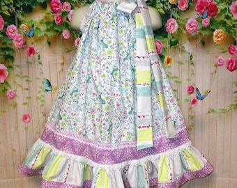 Girls Dress 3T/4T White Aqua Purple Forest Friends Flowers Pillowcase Dress, Pillow Case Dress, Boutique Dress