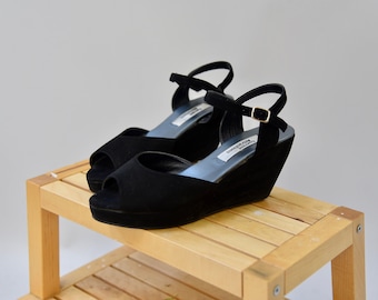 1990's Casual Attractions black peeptoe wedge sandals • size 9