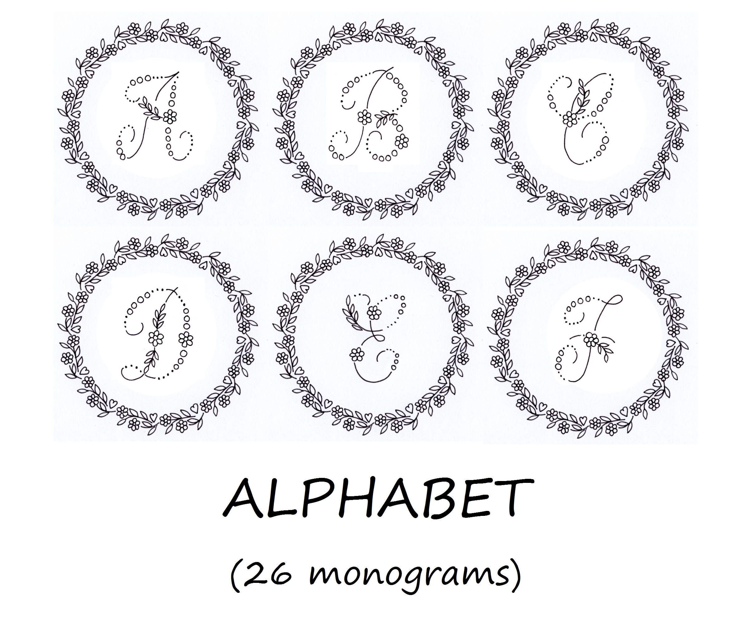 Hand Embroidery PDF 26 monograms alphabet with Floral