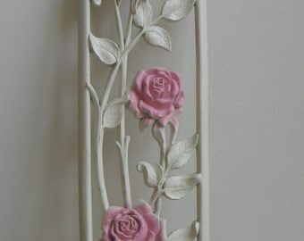 Mid Century Roses Wall Art Plaque Pink Ivory by Dart Industries, Vintage Shabby Cottage Floral Flowers Home Decor